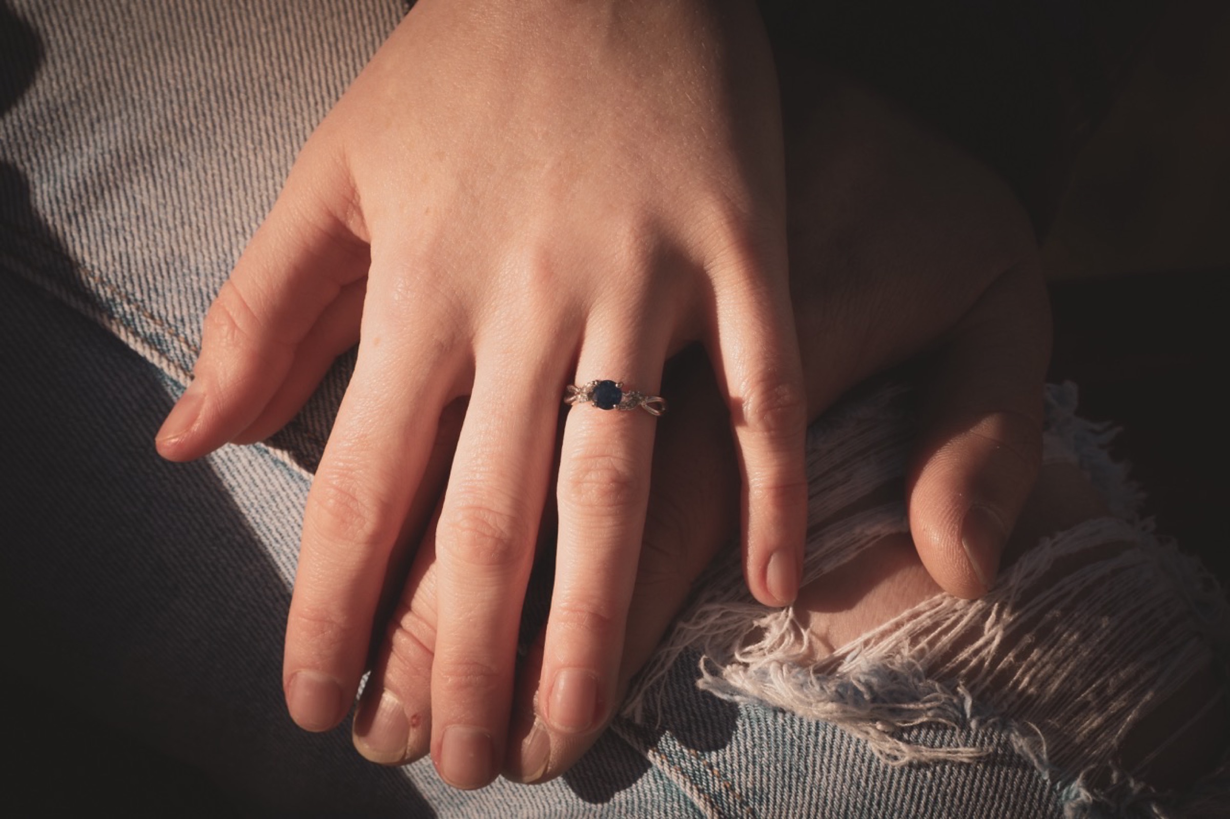 Engagement ring detail in afternoon light
